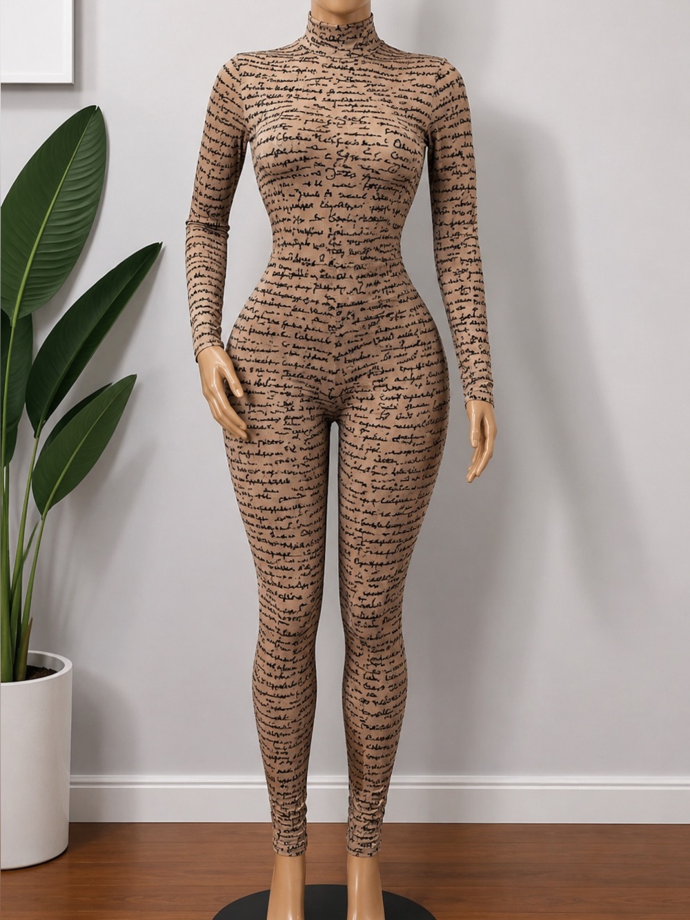 Seamless Script-Print Nude Jumpsuit - Women's Long Sleeve Bodysuit